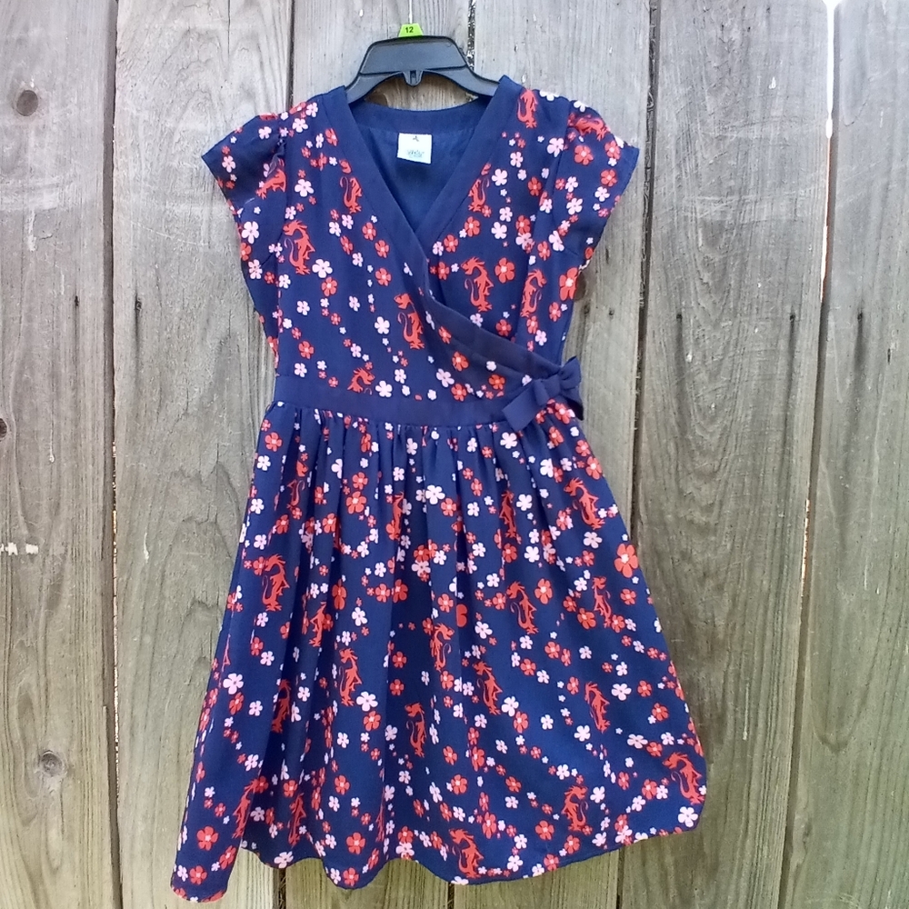 DISNEY STORE MULAN MUSHU WRAP GIRL DRESS SZ 11/12 NAVY BLUE FLORAL SHORT SLEEVE